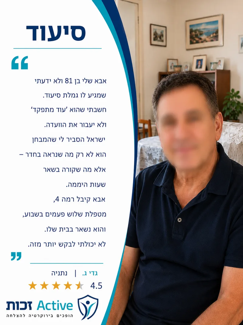 המלצה של גדי ג. מנתניה בתחום סיעוד: אבא שלי בן 81 ולא ידעתי שמגיע לו גמלת סיעוד. חשבתי שהוא ׳עוד מתפקד׳ ולא יעבור את הוועדה. ישראל הסביר לי שהמבחן הוא לא רק מה שנראה בחדר – אלא…