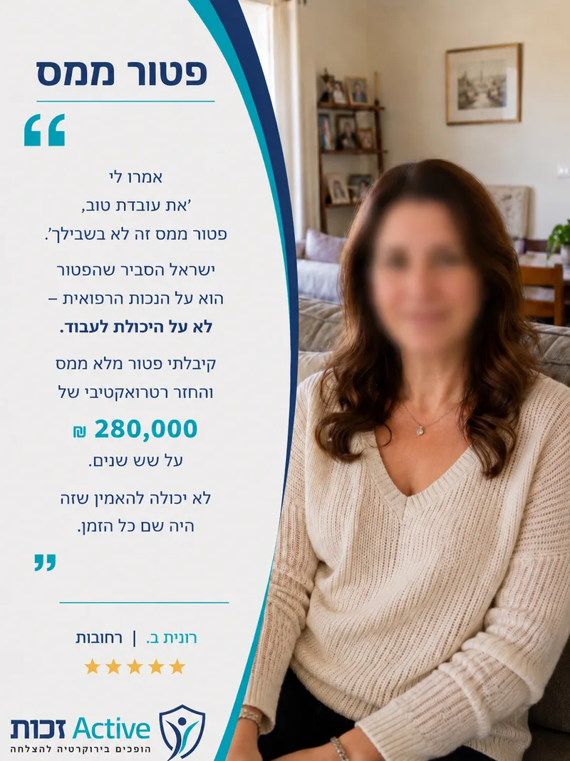 המלצה של רונית ב. מרחובות בתחום פטור ממס: אמרו לי ׳את עובדת טוב, פטור ממס זה לא בשבילך׳. ישראל הסביר שהפטור הוא על הנכות הרפואית – לא על היכולת לעבוד. קיבלתי פטור מלא ממס והחזר רטרוא…