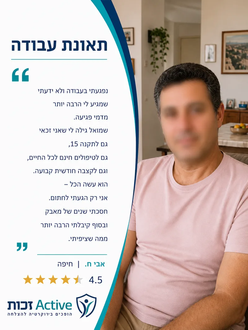 המלצה של אבי ח. מחיפה בתחום תאונת עבודה: נפגעתי בעבודה ולא ידעתי שמגיע לי הרבה יותר מדמי פגיעה. שמואל גילה לי שאני זכאי גם לתקנה 15, גם לטיפולים חינם לכל החיים, וגם לקצבה חודשית קבו…